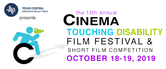 Film Fest logo. A blue handy man leaning forward holds a green video camera. Texas Central presents the 16th annual Cinema Touching Disability Film Festival & Short Film Competition.
