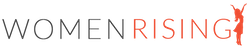 Women Rising logo. The word women in grey text, followed by the word rising in orange, followed by the orange silhouette of a woman on tip toe lifting her arms and face upward.