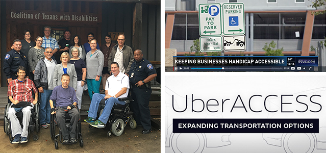3 images. 1 A large group of men and women, some seated in wheelchairs at the front, pose for a photo on a large wooden porch. 2 Screen shot of a news broadcast, a reserved parking sign with the title Keeping Businesses Handicap Accessible below. 3 Uber ACCESS logo, the words UberACCESS, expanding transportation option appear on top of outlines of two cars.