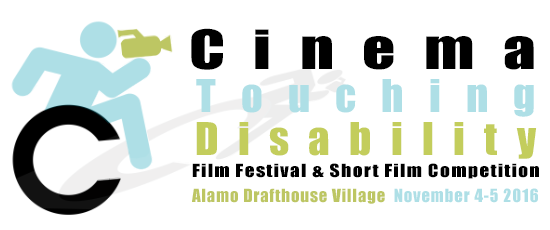 Film Fest logo. A blue handy man leaning forward holds a green video camera. The wheel of his wheelchair forms the C in the phrase Cinema Touching Disability.