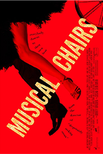 Musical Chairs banner: on a red back ground, a leg in tuxedo pants, a leg in ballroom dancing shoes and feathery skirt, and wheel run from top right to bottom left.