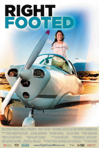 Jessica Cox, a young woman with no arms, stands up in the cockpit of a propeller plane. The words Right Footed hover above.