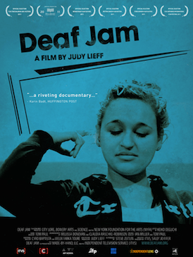 Film poster for Deaf Jam. The words Deaf Jam a film by Judy Lieff a riveting documentary are superimposed over a photo of a woman with eyes closed, holding one finger to her ear as though plugging it. The photo is seen through a blue filter. Award laurels and production credits frame the poster at its top and bottom.