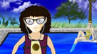 An animated girl with glasses and hearing aids smirks from a pool, while the cutout of a classic pinup sits on a diving board in the background
